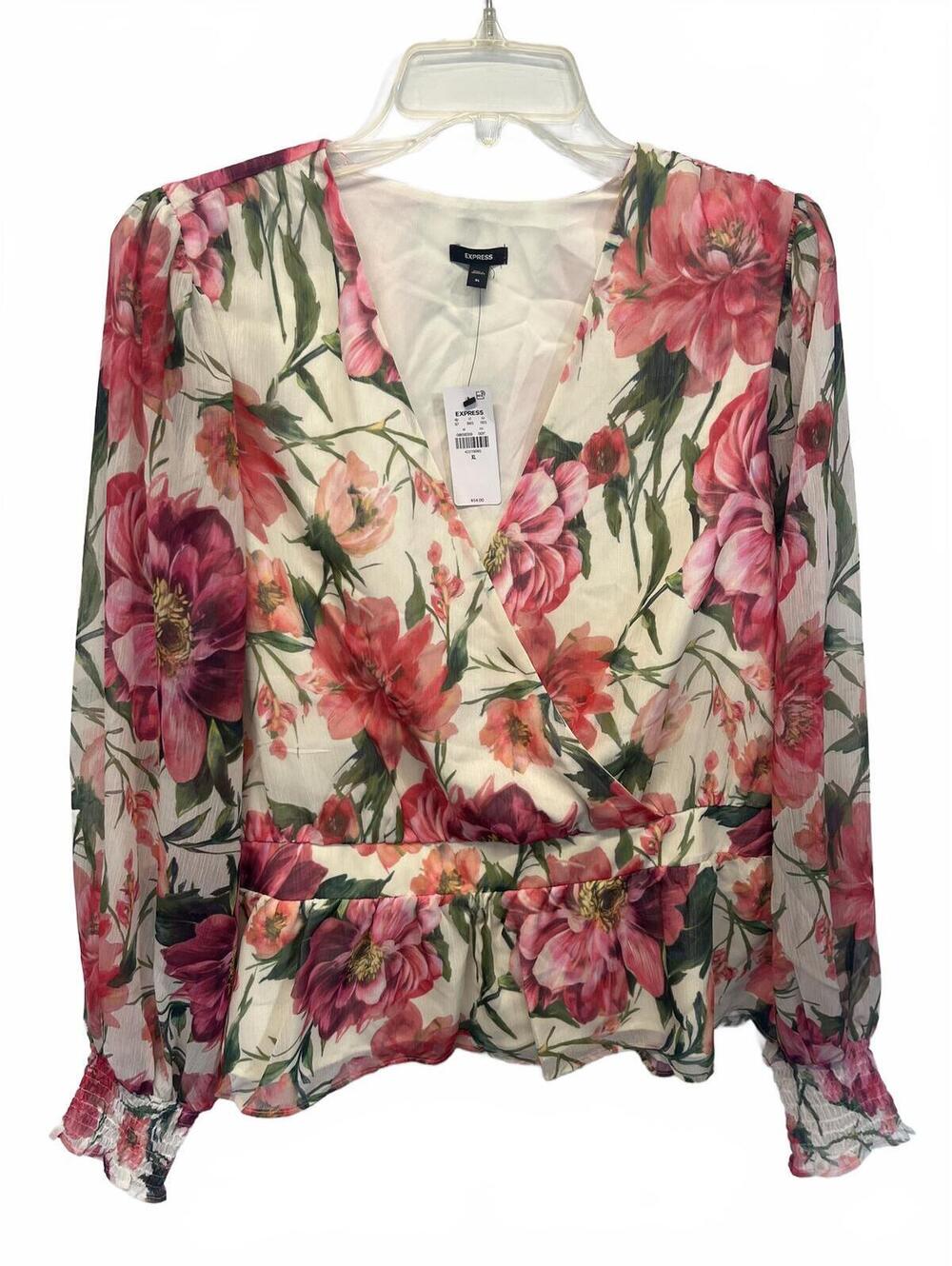 Express Floral Peplum Blouse XL Sheer Long Sleeves Women's V-Neck Wrap Top New